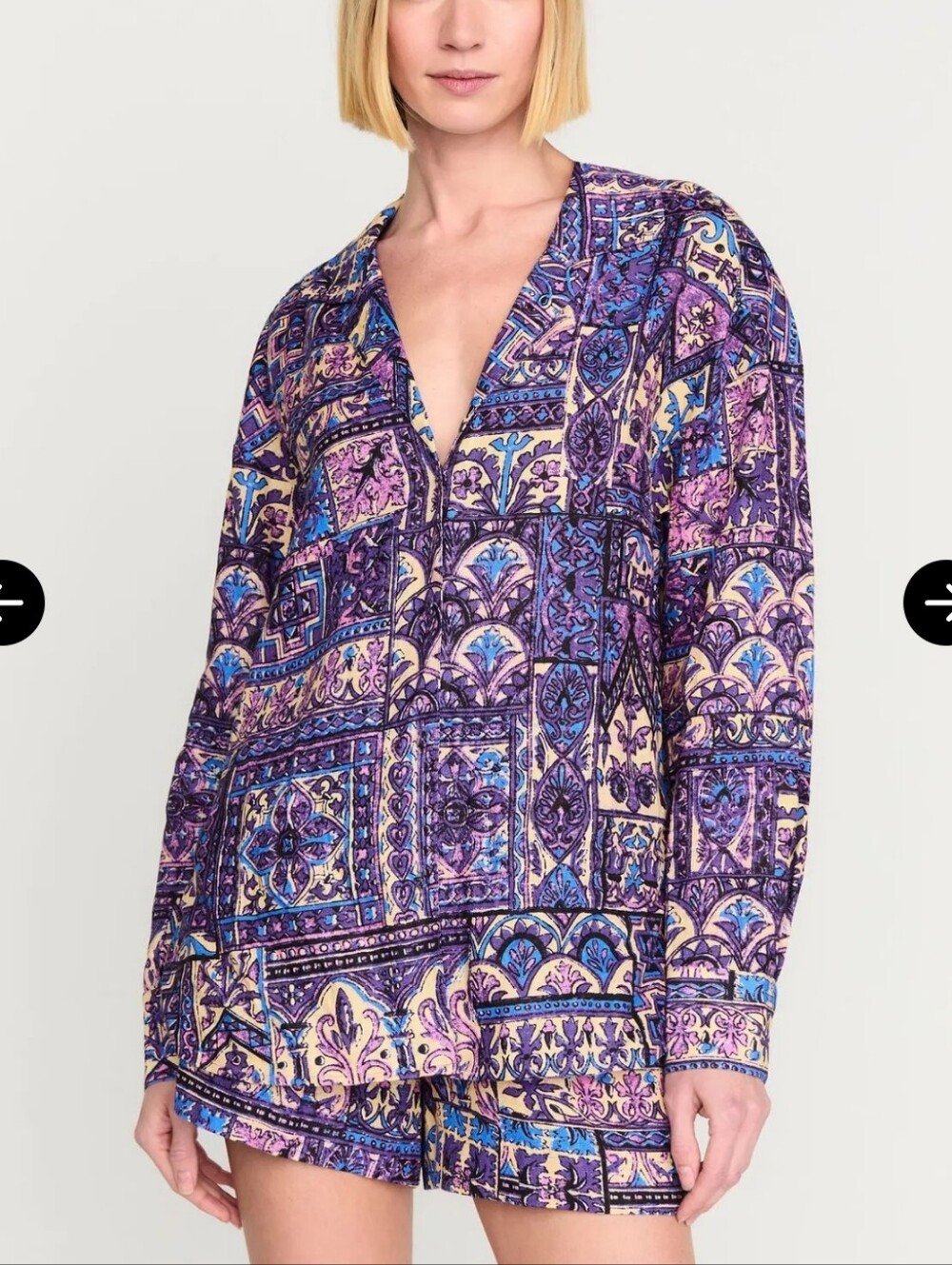 Marie Oliver Jolene Violet Tile Linen Button-Front Blouse Boho Resortwear Y2K